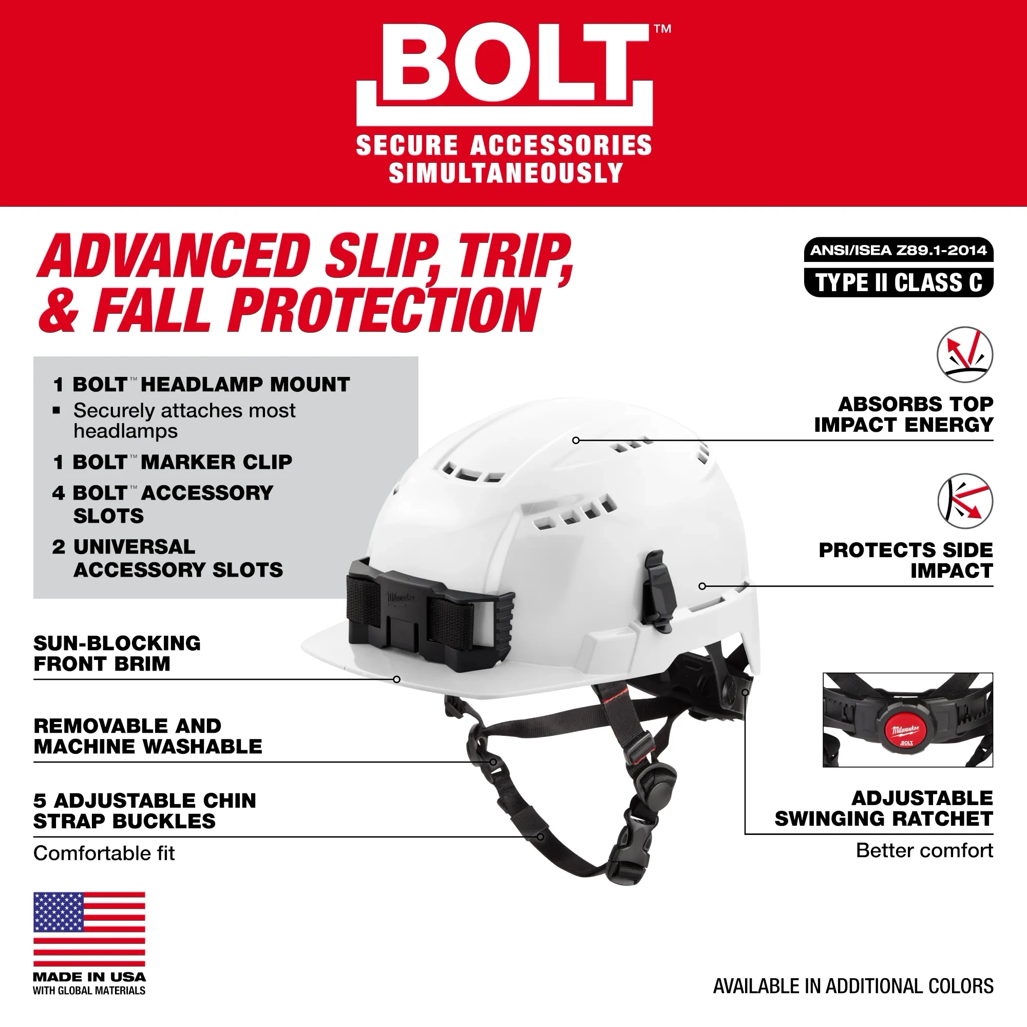 Casco de seguridad de ala delantera azul con ventilación BOLT™ con forro IMPACT ARMOR™ (EE. UU.): Tipo 2, Clase C